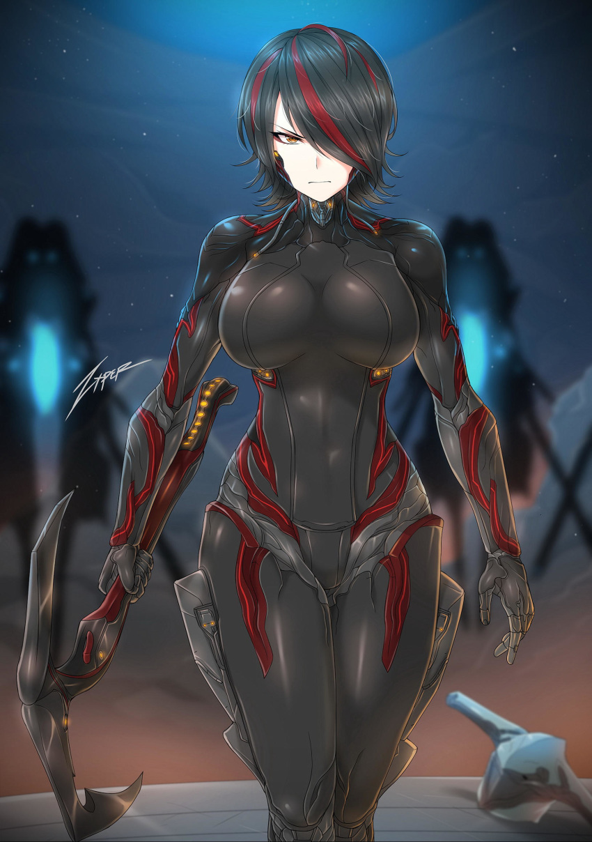 1girl ahoge artist_name axe black_hair blurry blurry_background bodysuit breasts eyebrows_visible_through_hair genderswap genderswap_(mtf) hair_over_one_eye helmet highlights highres holding holding_axe holding_weapon large_breasts looking_at_viewer multicolored_hair redhead short_hair skin_tight solo stalker_(warframe) standing tight warframe watermark weapon yellow_eyes zxpfer
