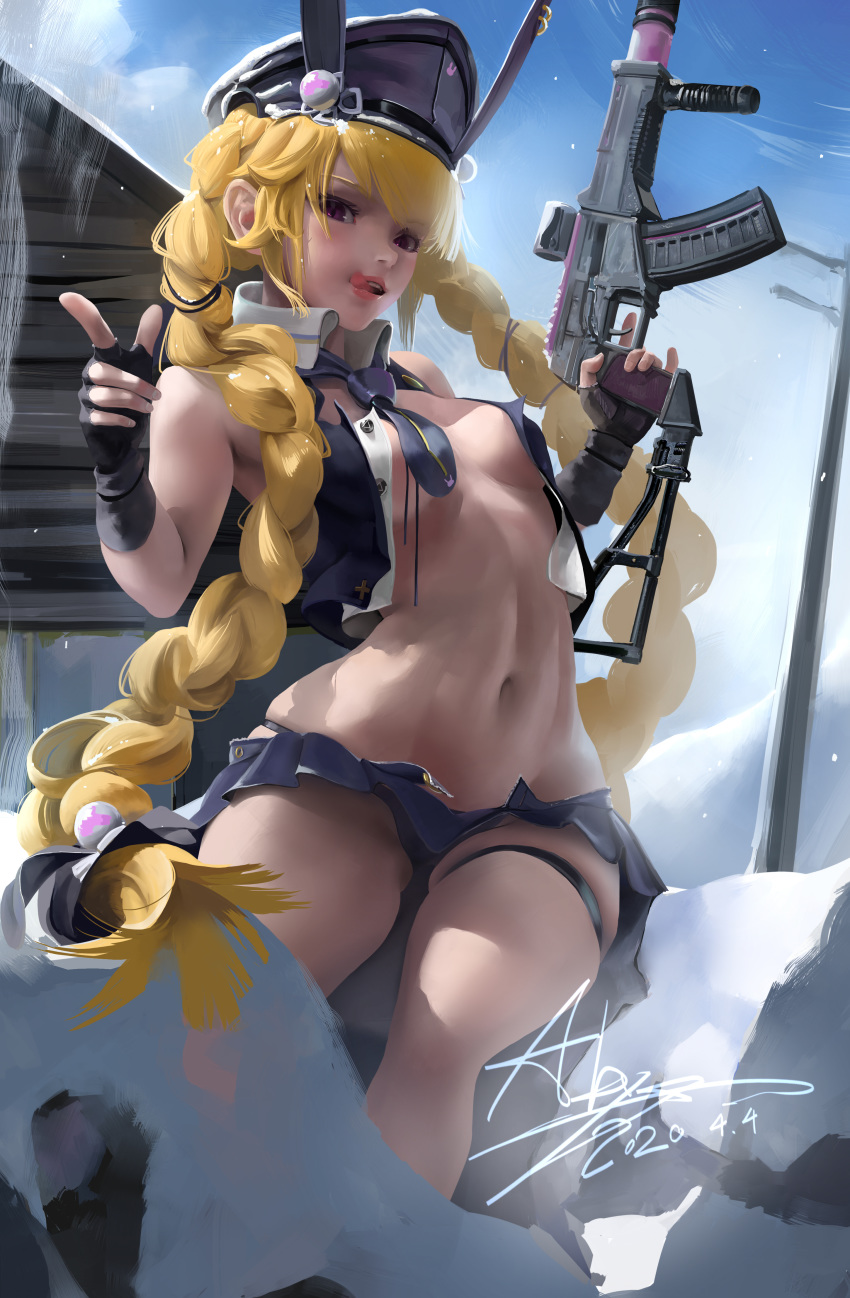 1girl :p absurdres abys blonde_hair braid breasts finger_gun girls_frontline highres long_hair looking_at_viewer medium_breasts navel parted_lips skindentation solo sr-3mp_(girls_frontline) teeth thick_thighs thigh_strap thighs tongue tongue_out twintails unbuttoned very_long_hair violet_eyes