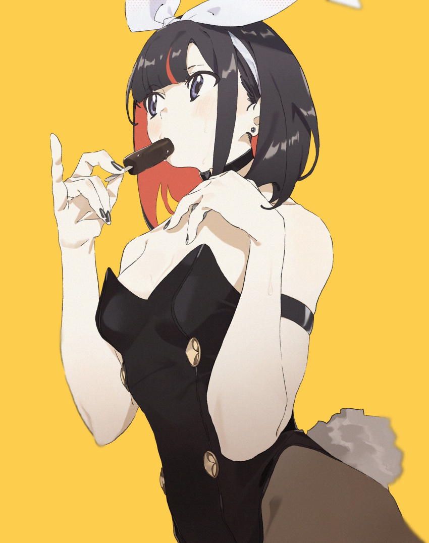 1girl black_choker black_hair black_nails blush breasts bunnysuit choker earrings eating eyebrows_visible_through_hair food food_in_mouth highres jewelry leotard machi_(wm) multicolored_hair original pantyhose playboy_bunny_leotard popsicle short_hair simple_background skindentation small_breasts strapless strapless_leotard sweat violet_eyes yellow_background