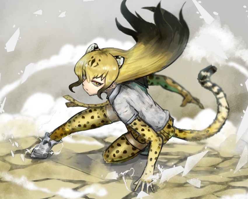 1girl :| adeshi_(adeshi0693119) animal_ears animal_print black_hair blonde_hair cheetah_(kemono_friends) cheetah_ears cheetah_print closed_mouth commentary_request dust elbow_gloves extra_ears floating_hair gloves gradient_hair ground hand_on_ground kemono_friends leopard_ears leopard_print leopard_tail long_hair multicolored_hair one_knee pose print_legwear shirt shoes skirt smoke solo tail thigh-highs tsurime white_footwear white_shirt yellow_eyes