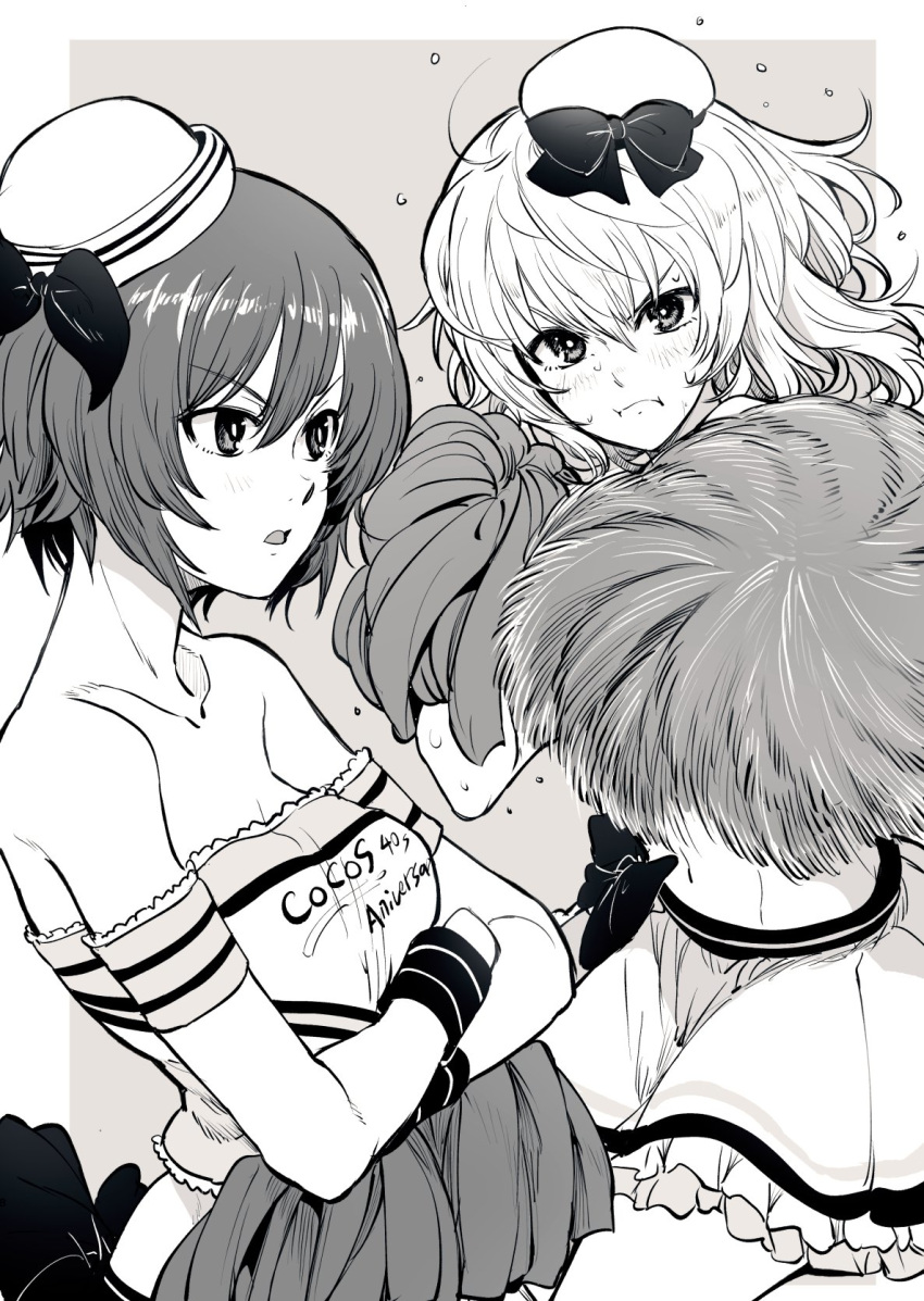 2girls :i armband bangs bare_shoulders beret blush bonkara_(sokuseki_maou) bow bow_skirt cheerleader closed_mouth clothes_writing coco's crossed_arms dixie_cup_hat english_text eyebrows_visible_through_hair frilled_armband frilled_skirt frills frown girls_und_panzer greyscale hat hat_bow hat_ribbon highres holding holding_pom_poms itsumi_erika looking_at_viewer medium_hair midriff military_hat mini_hat miniskirt monochrome multiple_girls navel nishizumi_maho open_mouth pleated_skirt pom_poms ribbon short_hair skirt strapless sweat tubetop v-shaped_eyebrows wristband