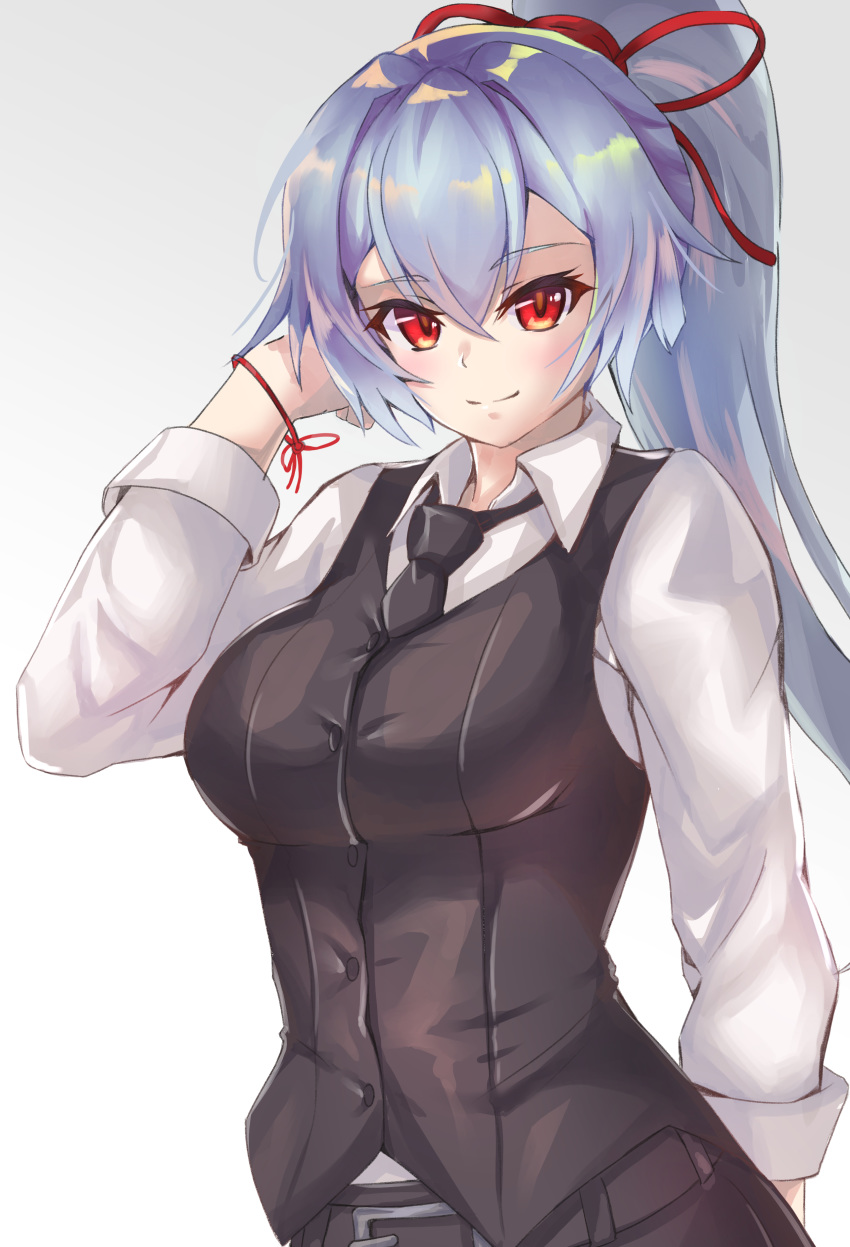 1girl absurdres adjusting_hair belt black_belt black_neckwear black_pants black_vest breasts commentary_request fate/grand_order fate_(series) hair_between_eyes hair_ribbon highres korean_commentary large_breasts long_hair looking_at_viewer necktie pants red_eyes red_ribbon ribbon shirt silver_hair smile solo tomoe_gozen_(fate/grand_order) vest white_shirt wrist_ribbon yahan_(mctr5253)