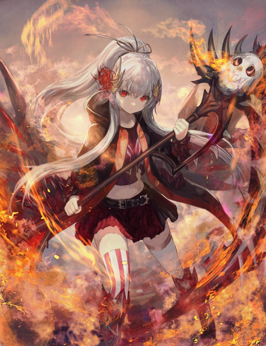 1girl bangs character_request closed_mouth fire flower hair_flower hair_ornament hair_ribbon highres holding holding_weapon long_sleeves looking_at_viewer mismatched_legwear othellonia pale_skin ponytail red_eyes red_skirt ribbon robe scythe shirataki_jiro shirt sidelocks silver_hair skirt solo spider_lily t-shirt thigh-highs weapon