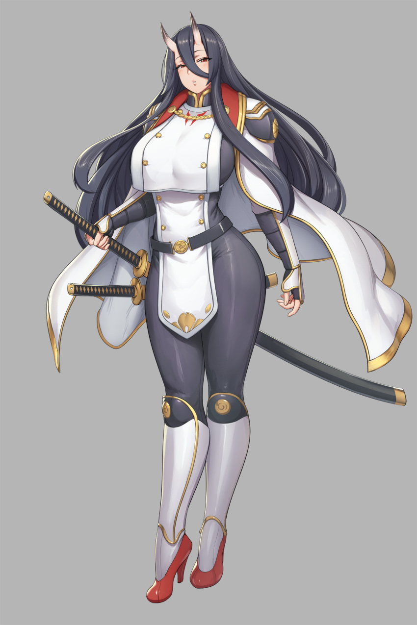 1girl arm_guards armored_boots asahi_(lvl) belt belt_buckle black_hair boots breasts buckle cape epaulettes gold_trim hair_between_eyes hanging high_heels highres horns huge_breasts katana large_breasts long_hair looking_at_viewer lvl_(sentrythe2310) military military_uniform monochrome_background oni oni_horns original pale_skin pelvic_curtain red_eyes skin_tight sword uniform very_long_hair wakizashi weapon wind wind_lift