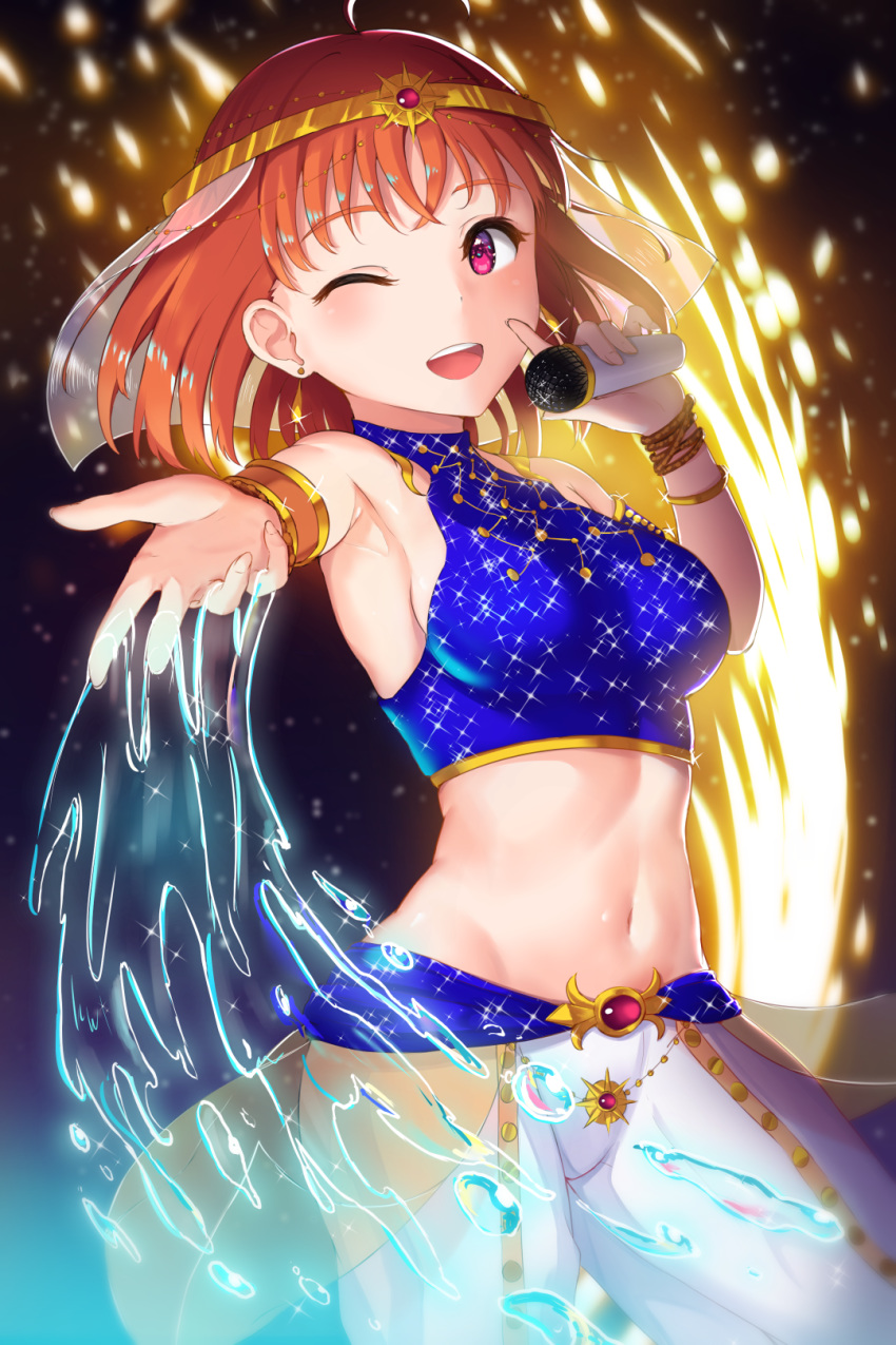 1girl ;d ahoge arabian_clothes armlet armpits bangs bare_shoulders black_background blue_shirt blush bracelet breasts circlet commentary cowboy_shot crop_top earrings eyebrows_visible_through_hair firework_background gold_trim groin h-appa harem_outfit highres holding holding_microphone jewelry kokoro_magic_a_to_z large_breasts looking_at_viewer love_live! love_live!_sunshine!! microphone midriff music navel one_eye_closed open_mouth orange_hair pants red_eyes ruby_(gemstone) see-through sheer_clothes shirt short_hair singing sleeveless sleeveless_shirt smile solo standing takami_chika veil water water_drop white_pants