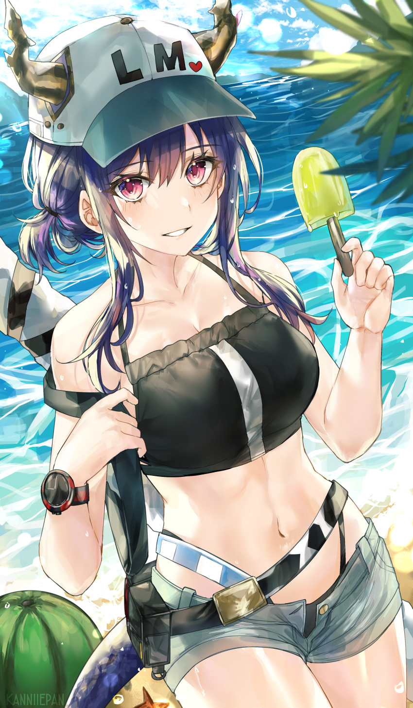 1girl absurdres arknights bangs bare_arms bare_shoulders baseball_cap belt bikini black_belt black_bikini blue_hair blue_sky breasts ch'en_(arknights) clouds collarbone commentary_request cowboy_shot day dragon_horns dragon_tail food grey_shorts grin hair_between_eyes hands_up hat heart highres holding holding_food horns horns_through_headwear kanniepan long_hair looking_at_viewer medium_breasts navel ocean open_fly outdoors pink_eyes popsicle short_shorts shorts sidelocks sky smile solo standing stomach swimsuit tail water