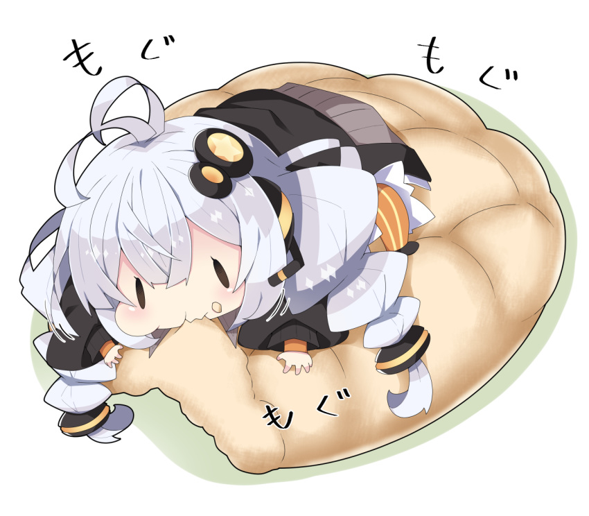 1girl :t antenna_hair bangs black_jacket blush braid chibi closed_mouth colored_shadow commentary_request eating food food_on_face food_request hair_between_eyes hair_ornament headset jacket kizuna_akari long_hair long_sleeves milkpanda minigirl orange_legwear pantyhose puffy_long_sleeves puffy_sleeves shadow silver_hair sleeves_past_wrists solid_oval_eyes solo star_(symbol) striped striped_legwear twin_braids twintails vertical-striped_legwear vertical_stripes very_long_hair voiceroid wavy_mouth white_background