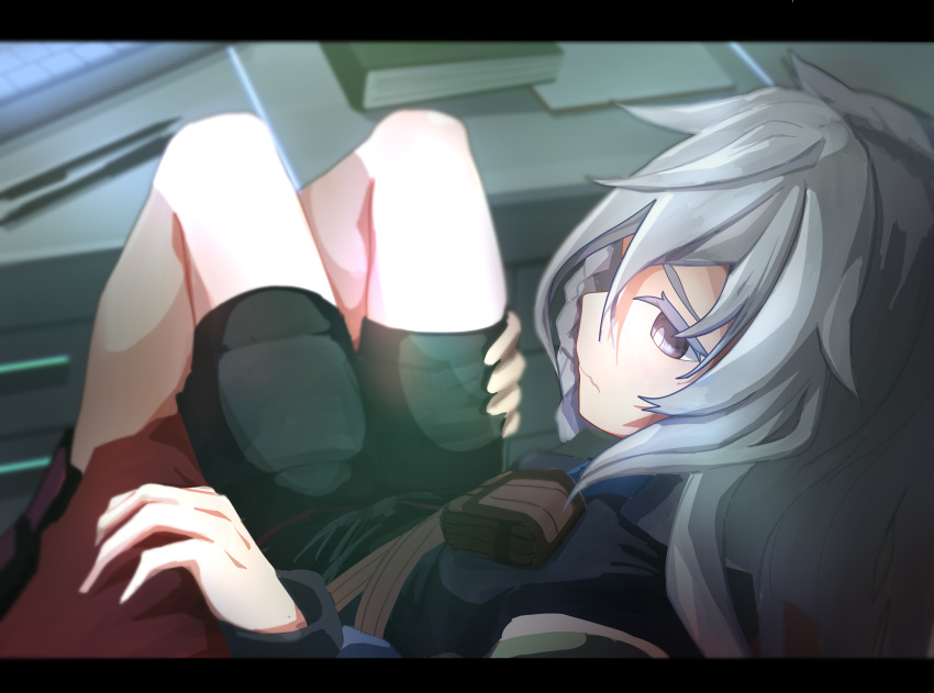 1boy 1girl absurdres belt binder blurry braid carrying colored_eyelashes commander_(girls_frontline) depth_of_field desk from_above girls_frontline grey_eyes grey_hair hand_on_another's_arm highres indoors keyboard_(computer) knees knees_up legs llpfmfc long_hair looking_at_viewer looking_back pen princess_carry shorts wavy_mouth xm8_(girls_frontline)