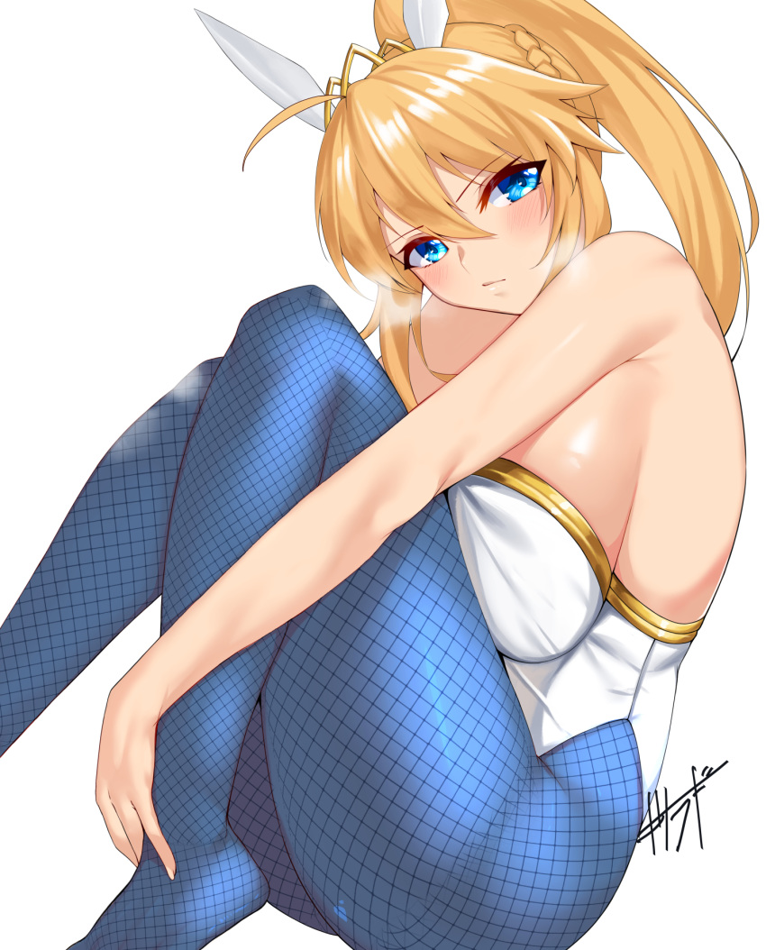 1girl ahoge animal_ears artoria_pendragon_(all) artoria_pendragon_(swimsuit_ruler)_(fate) bangs bare_arms bare_shoulders blonde_hair blue_legwear blush breasts closed_mouth commentary_request eyebrows_visible_through_hair fake_animal_ears fate/grand_order fate_(series) fishnet_legwear fishnets hair_between_eyes high_ponytail highres kisaragi_(legobionicle23) knees_up large_breasts leotard long_hair looking_at_viewer pantyhose rabbit_ears signature sitting solo thighs white_leotard