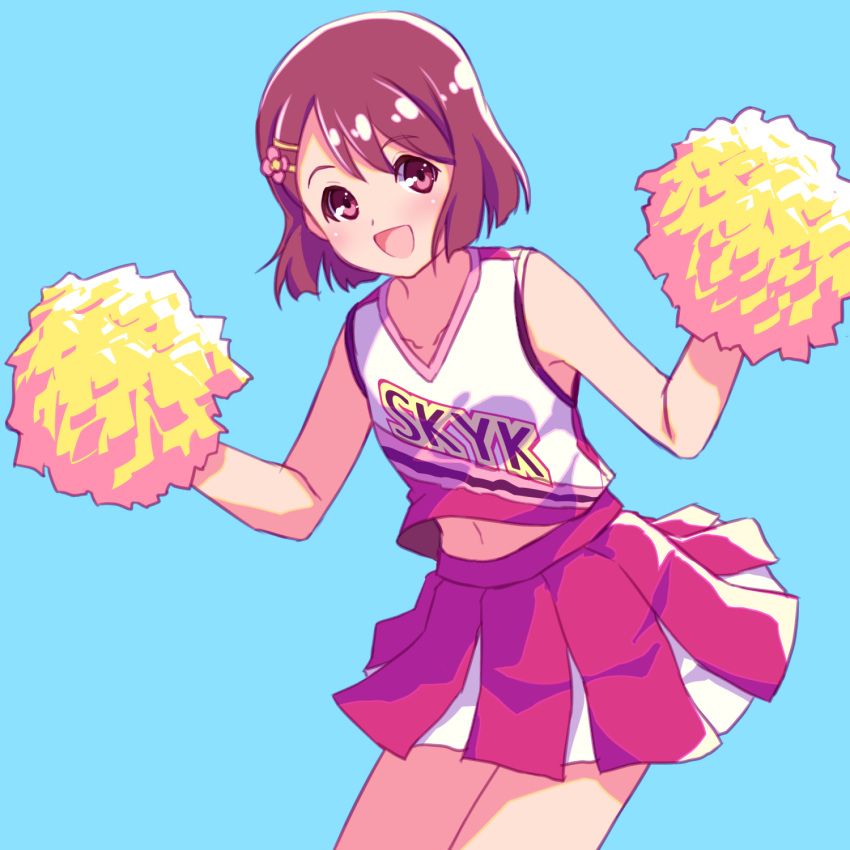 1girl :d blue_background brown_eyes brown_hair cheerleader flower hair_flower hair_ornament hanadera_nodoka healin'_good_precure highres looking_at_viewer navel open_mouth pleated_skirt pom_poms precure red_skirt sayousuke shirt short_hair skirt sleeveless sleeveless_shirt smile standing