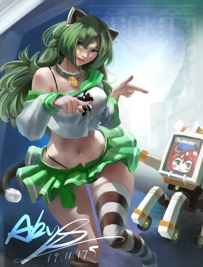 1girl absurdres abys alternate_breast_size animal_ears blue_eyes breasts cat_ears cat_tail collar crop_top finger_gun g-string girls_frontline green_hair highres humanization looking_at_viewer medium_breasts navel off_shoulder pointing robot tail taunt_fairy_(girls_frontline) thong