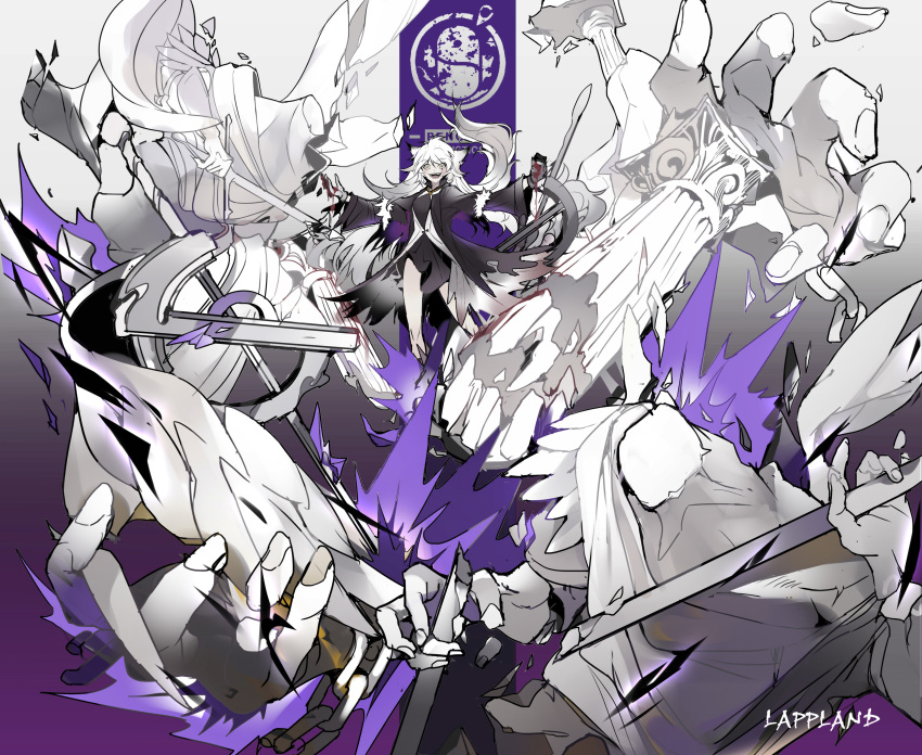 1girl absurdres animal_ears arknights blood bloody_hands chain character_name chinese_commentary commentary_request explosion extra_arms fangs fire floating_hair grey_eyes hair_between_eyes hair_ornament hairclip highres lappland_(arknights) looking_at_viewer penguin_logistics_(arknights) pillar purple_fire purple_theme scar scar_across_eye shinnasuka025 silver_hair sword torn_clothes weapon white_background wolf_ears