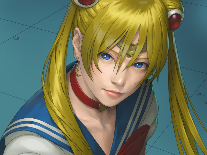 1girl bangs bishoujo_senshi_sailor_moon blonde_hair blue_eyes blue_sailor_collar choker circlet closed_mouth collared_shirt crescent crescent_earrings double_bun earrings floating_hair hair_between_eyes jewelry long_hair looking_at_viewer portrait realistic red_choker sailor_collar sailor_moon sailor_moon_redraw_challenge sailor_shirt shiny shiny_hair shirt short_sleeves solo watanabe_yasuaki white_shirt