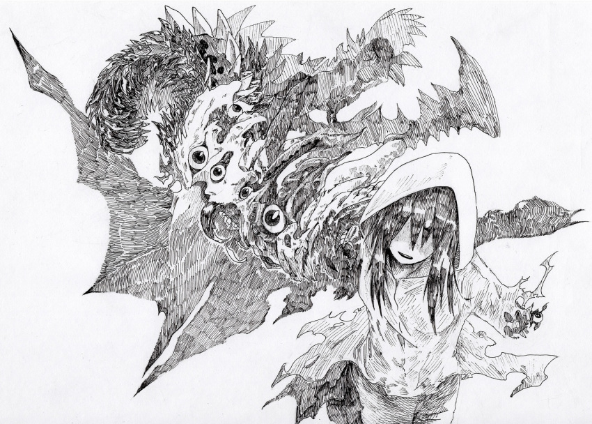 1girl eldritch_abomination extra_eyes eyeball grey_background greyscale hatching_(texture) hood hood_up long_hair monochrome open_mouth original shaded_face shibafu_no_atama simple_background sketch solo teeth torn_clothes upper_teeth