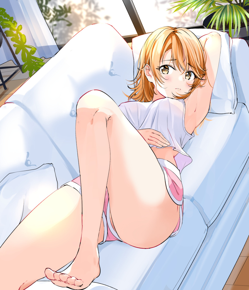 1girl armpits arrichee bangs bare_legs barefoot breasts brown_eyes brown_hair couch covered_nipples curtains cushion eyebrows_visible_through_hair highres indoors isshiki_iroha leaf looking_at_viewer lying medium_breasts on_back pink_shorts plant shirt short_hair short_shorts shorts sleeveless sleeveless_shirt thighs toes white_shirt window yahari_ore_no_seishun_lovecome_wa_machigatteiru.