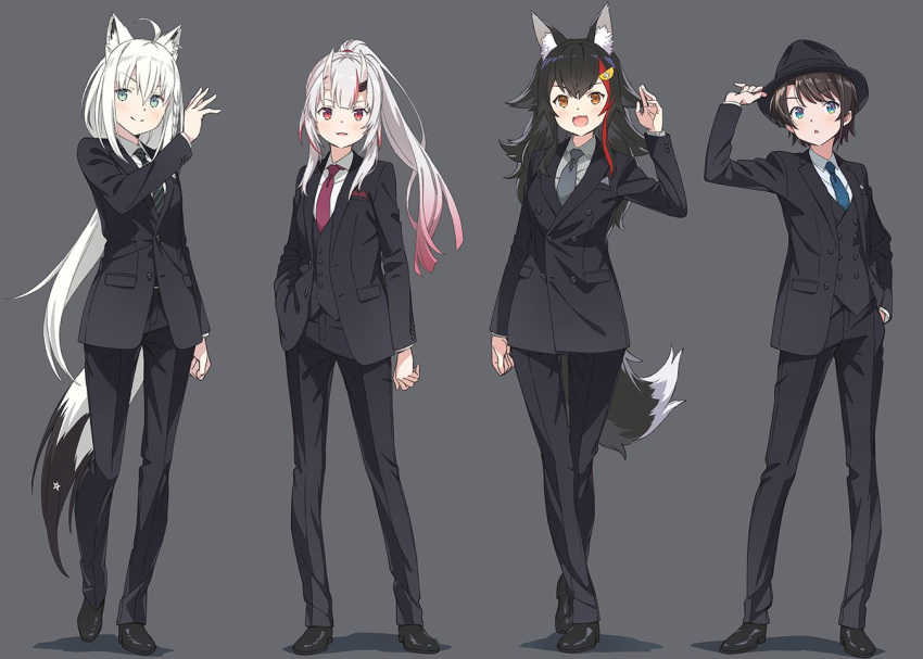 4girls animal_ears black_footwear black_hair black_headwear black_pants black_suit blue_eyes blue_neckwear closed_mouth collared_shirt commentary_request eyebrows_visible_through_hair formal fox_ears green_eyes grey_background grey_neckwear hair_between_eyes hololive horns kanzaki_hiro long_hair multicolored_hair multiple_girls nakiri_ayame necktie oni oni_horns ookami_mio oozora_subaru open_mouth orange_eyes pants ponytail red_eyes red_neckwear redhead shadow shirakami_fubuki shirt short_hair simple_background smile streaked_hair suit two-tone_hair virtual_youtuber white_hair white_shirt wing_collar wolf_ears