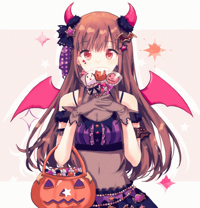 1girl bangs bat_hair_ornament brown_hair candy eyebrows_visible_through_hair fake_horns fake_wings food gloves gocoli hair_ornament highres holding idolmaster idolmaster_shiny_colors long_hair looking_at_viewer midriff navel pink_wings red_eyes see-through sheer_clothes simple_background solo sonoda_chiyoko star_(symbol) star_hair_ornament tareme two-tone_background wings