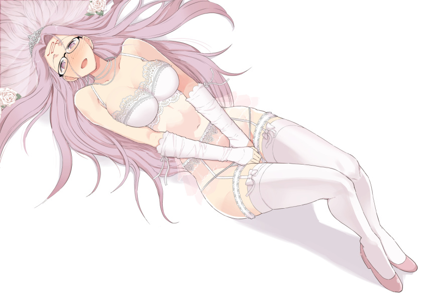1girl blush breasts bridal_gauntlets bustier commentary covering covering_crotch facial_mark fate/stay_night fate_(series) flower forehead_mark from_above garter_belt glasses jewelry lingerie long_hair looking_at_viewer lying mo_(kireinamo) navel necklace open_mouth pearl_necklace pink_hair rider rose solo thigh_strap tiara underwear underwear_only white_flower white_legwear white_rose wide_hips