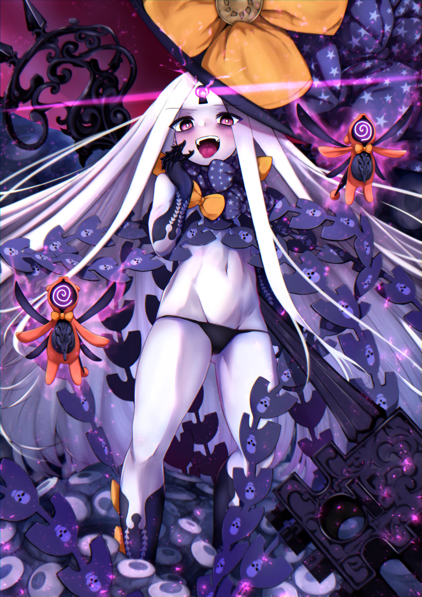 1girl abigail_williams_(fate/grand_order) absurdres bangs bare_shoulders black_bow black_headwear black_panties blush bow breasts fate/grand_order fate_(series) forehead glowing glowing_eye harii_(janib5kc) hat highres key keyhole long_hair looking_at_viewer multiple_bows navel open_mouth orange_bow panties parted_bangs pink_eyes skull_print small_breasts smile staff star_(symbol) star_print stuffed_animal stuffed_toy teddy_bear tentacles thighs third_eye tongue tongue_out underwear white_hair white_skin witch_hat
