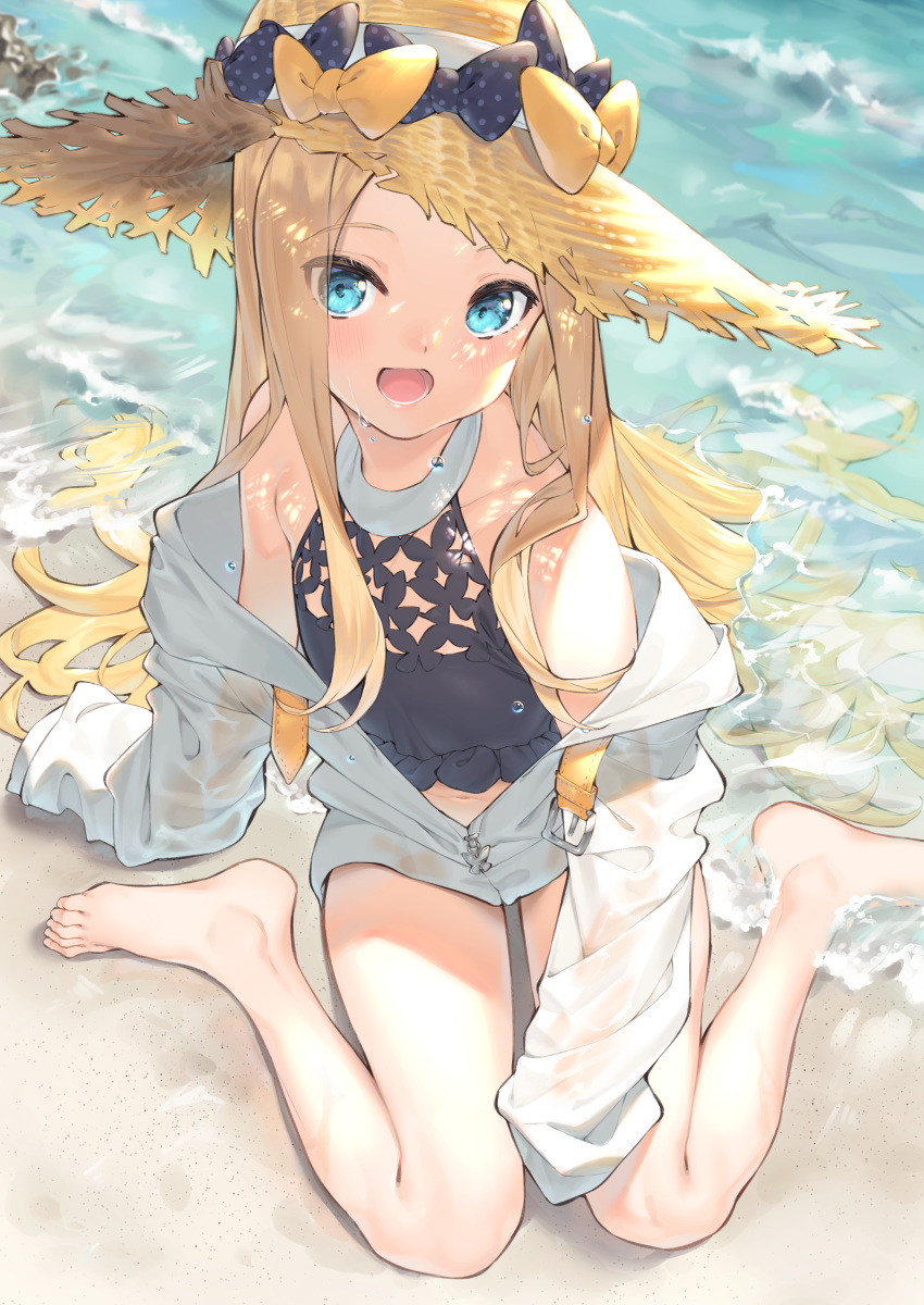 1girl abigail_williams_(fate/grand_order) absurdres bangs bare_shoulders beach black_bow black_swimsuit blonde_hair blue_eyes blush bow breasts fate/grand_order fate_(series) feet forehead grey_jacket hat highres jacket joker_(tomakin524) legs long_hair long_sleeves looking_at_viewer multiple_bows navel off_shoulder open_mouth orange_bow parted_bangs polka_dot polka_dot_bow sitting sleeves_past_fingers sleeves_past_wrists small_breasts smile straw_hat swimsuit wariza