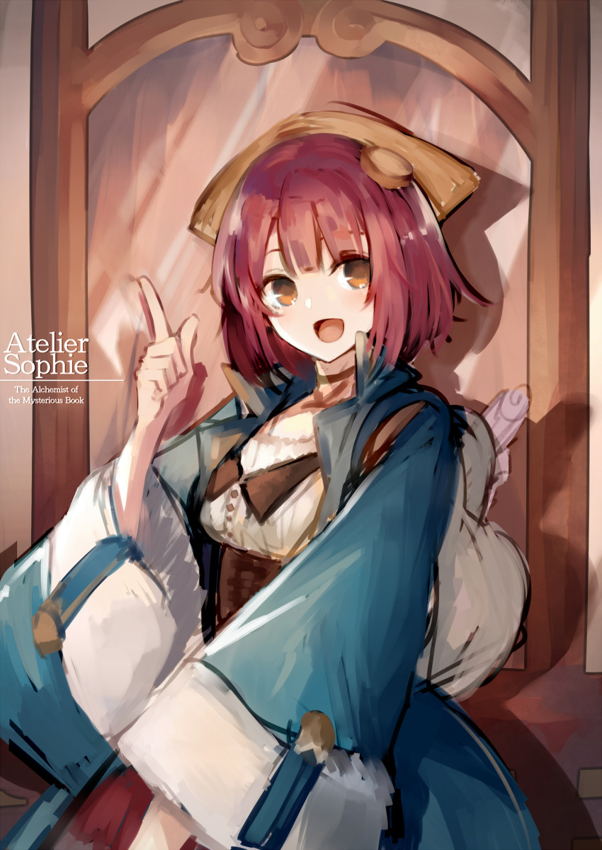 1girl :d atelier_(series) atelier_sophie backpack bag bangs blue_coat blush brown_eyes brown_hair brown_skirt character_name coat commentary_request english_text eyebrows_behind_hair hand_up head_scarf highres index_finger_raised indoors jazztaki long_sleeves looking_at_viewer open_clothes open_coat open_mouth shirt skirt smile solo sophie_neuenmuller standing white_shirt wide_sleeves