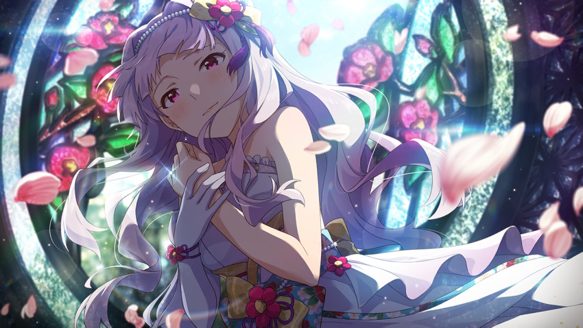 1girl blush dress flower flower_armlet gloves hair_flower hair_ornament hair_ribbon headband idolmaster idolmaster_(classic) idolmaster_million_live! idolmaster_million_live!_theater_days long_hair official_art pearl_(gemstone) petals red_eyes ribbon shijou_takane silver_hair single_glove stained_glass white_dress