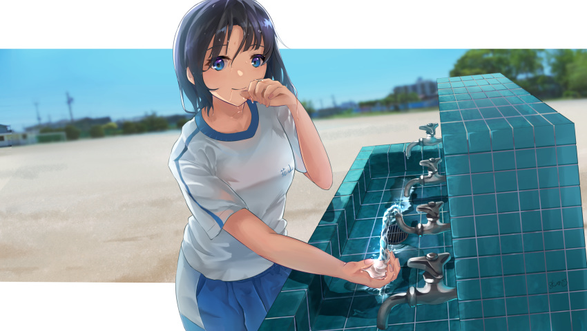 1girl blue_shorts blush closed_mouth commentary_request cowboy_shot cupping_hand day faucet gym_uniform hand_on_own_face highres original outdoors outside_border sakatsuki_yakumo shirt short_hair short_sleeves shorts smile solo town water wet wet_hair white_shirt