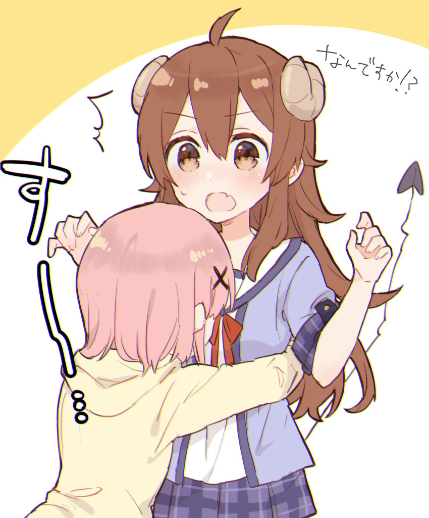 2girls ahoge blush brown_hair chiyoda_momo chromatic_aberration curled_horns demon_girl demon_horns demon_tail eyebrows_visible_through_hair hair_ornament highres hood hoodie horns hug long_hair machikado_mazoku multiple_girls open_mouth pink_hair school_uniform shiny shiny_hair short_hair sorimachi-doufu tail translation_request yoshida_yuuko_(machikado_mazoku) yuri