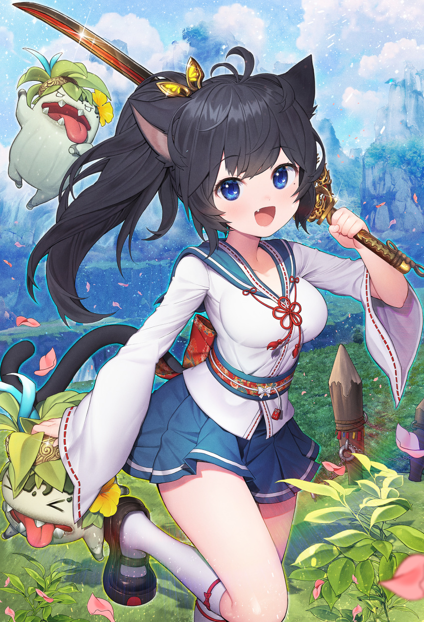 1girl :d absurdres animal_ears antenna_hair black_footwear black_hair blade_&amp;_soul blue_eyes blue_sailor_collar blue_skirt blush breasts cat_ears cat_girl cat_tail clouds collarbone commentary commission day fang grass highres holding holding_sword holding_weapon katana kneehighs kuang1104 kuang_(kzhw7588) long_hair long_sleeves looking_at_viewer medium_breasts monster open_mouth outdoors petals pleated_skirt ponytail ribbon-trimmed_sleeves ribbon_trim sailor_collar shirt shoes skirt sleeves_past_wrists smile solo standing standing_on_one_leg sword tail weapon white_legwear white_shirt wide_sleeves