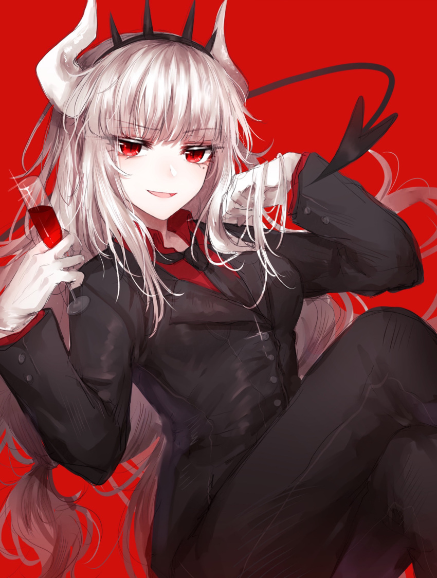 1girl absurdres alcohol black_jacket black_pants breasts business_suit champagne_flute cup demon_girl demon_horns demon_tail drinking_glass formal gloves hands_up helltaker highres holding horns jacket long_hair long_sleeves looking_at_viewer lucifer_(helltaker) medium_breasts mole mole_under_eye necktie open_mouth pants red_background red_eyes red_shirt shirt silver_hair simple_background smile solo suit tail takano_jiyuu tiara white_gloves wine