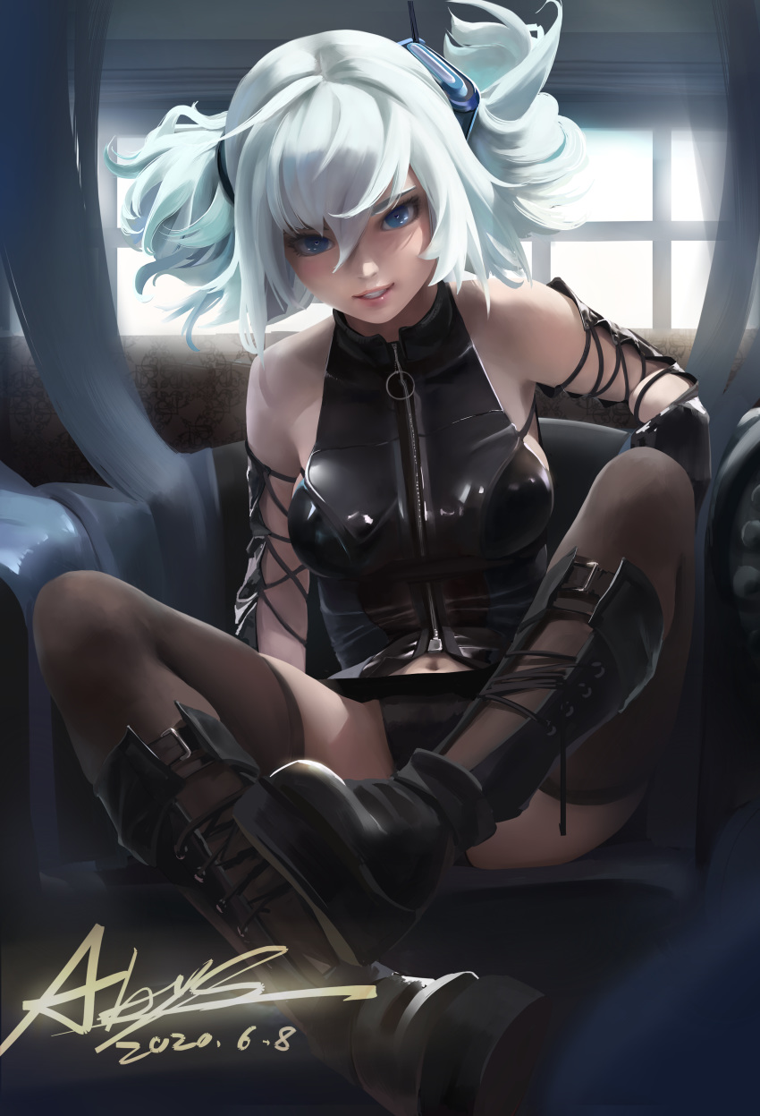 1girl absurdres abys bare_shoulders blue_eyes boots breasts girls_frontline grin heart heart-shaped_pupils high_collar highres light_blue_hair looking_at_viewer medium_breasts navel pa-15_(girls_frontline) parted_lips shiny shiny_clothes skindentation smile solo symbol-shaped_pupils thigh-highs twintails