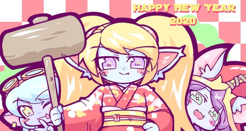 2020 3girls :3 animal_ears blonde_hair blue_hair blush_stickers commentary_request fang fangs goggles goggles_on_head gold_earrings green_eyes happy_new_year holding holding_hammer kayo!!_(gotoran) league_of_legends looking_at_viewer lulu_(league_of_legends) multiple_girls new_year poppy purple_hair simple_background smile tongue tongue_out tristana v violet_eyes yellow_eyes yordle