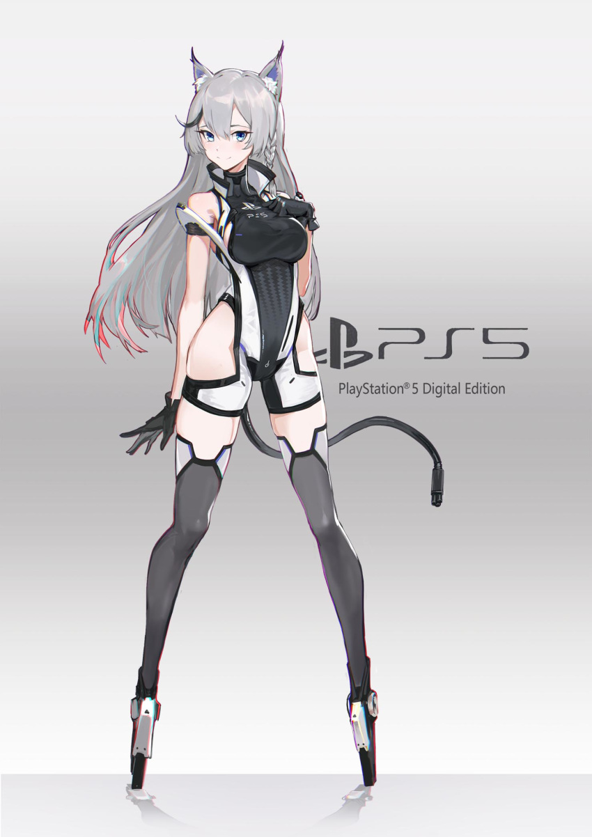 1girl animal_ears bare_hips bare_shoulders black_gloves black_hair blue_eyes blush braid breasts closed_mouth clothes_writing fake_tail fox_ears full_body gloves gradient gradient_background grey_background grey_legwear hand_on_own_chest highres long_hair looking_at_viewer mechanical_tail medium_breasts multicolored_hair original personification playstation_5 power_symbol reflection reflective_floor reisun001 side_braid silver_hair skindentation smile solo sony standing streaked_hair tail thigh-highs very_long_hair