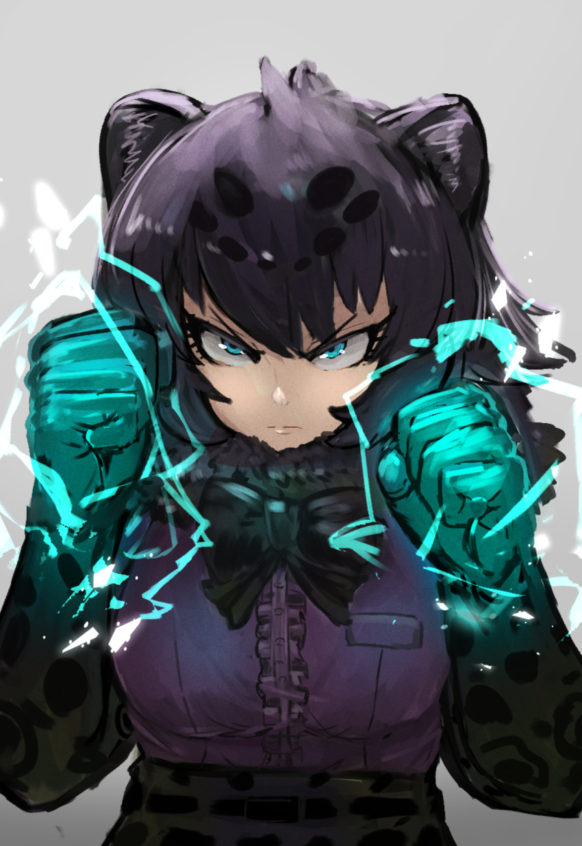 1girl :| adeshi_(adeshi0693119) animal_ears aqua_eyes bangs black_bow black_hair black_jaguar_(kemono_friends) bow bowtie breast_pocket clenched_hands closed_mouth commentary_request elbow_gloves fur_collar gloves glowing_hands grey_background hair_between_eyes hands_up highres jaguar_ears jaguar_print kemono_friends pocket print_gloves print_skirt raised_fists short_hair sidelocks simple_background skirt solo sparks tsurime v-shaped_eyebrows