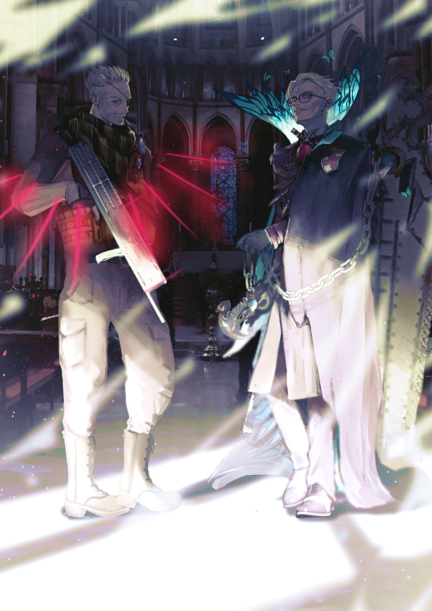 2boys absurdres beard belt blue_eyes boots bug butterfly chain closed_mouth coffin facial_hair fate/grand_order fate_(series) formal glasses gloves grey_hair highres holding holding_weapon indoors insect james_moriarty_(fate/grand_order) laser light long_sleeves looking_at_viewer male_focus military military_uniform multiple_boys mustache one_eye_closed pants scarf shadow shin'i_(shini777) shoes silver_hair smile smoking table uniform vest weapon william_tell_(fate/grand_order)