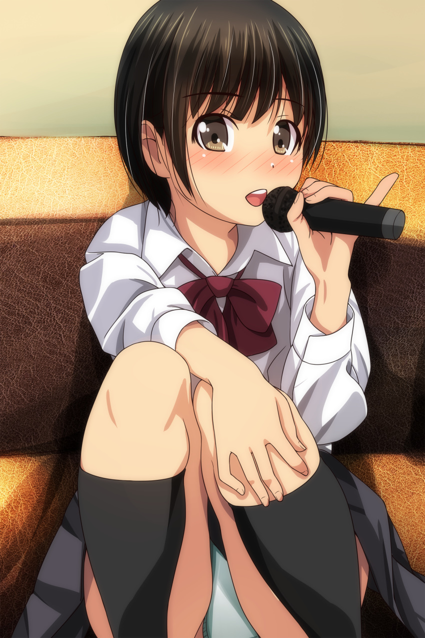 1girl absurdres bangs black_hair black_legwear blush bow brown_eyes collared_shirt eyebrows_visible_through_hair feet_out_of_frame green_panties grey_skirt hand_up highres holding holding_microphone karaoke kneehighs knees_up long_sleeves looking_at_viewer matsunaga_kouyou microphone nose_blush open_mouth original panties pinky_out pleated_skirt red_bow school_uniform shirt sitting skirt solo underwear upper_teeth white_shirt