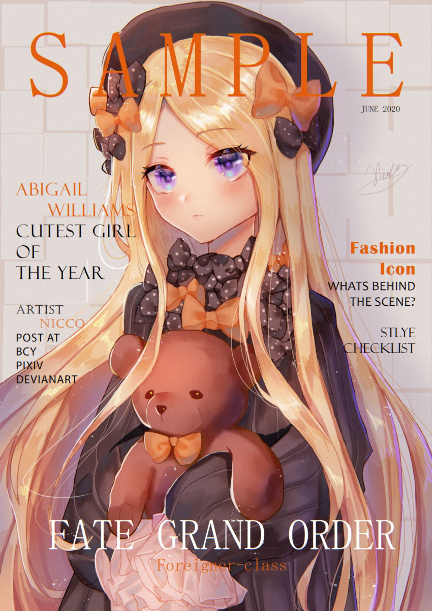 1girl abigail_williams_(fate/grand_order) artist_request bangs black_bow black_dress black_headwear blonde_hair blue_eyes blush bow breasts character_name closed_mouth copyright_name cover dress fate/grand_order fate_(series) forehead hair_bow hat highres holding holding_stuffed_animal long_hair looking_at_viewer magazine_cover multiple_bows orange_bow parted_bangs polka_dot polka_dot_bow ribbed_dress sleeves_past_fingers sleeves_past_wrists small_breasts stuffed_animal stuffed_toy teddy_bear very_long_hair