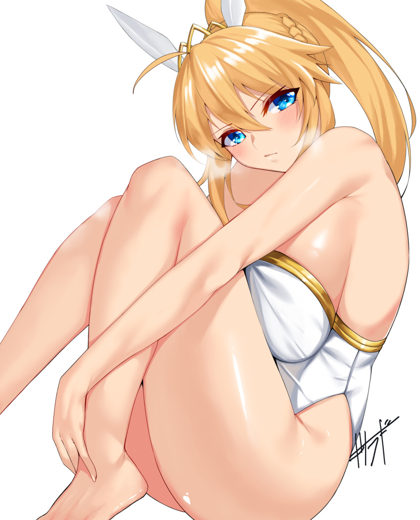 1girl ahoge animal_ears artoria_pendragon_(all) artoria_pendragon_(swimsuit_ruler)_(fate) bangs bare_arms bare_legs bare_shoulders barefoot blonde_hair blush breasts closed_mouth commentary_request eyebrows_visible_through_hair fake_animal_ears fate/grand_order fate_(series) hair_between_eyes high_ponytail highres kisaragi_(legobionicle23) knees_up large_breasts leotard long_hair looking_at_viewer rabbit_ears signature sitting solo thighs white_leotard