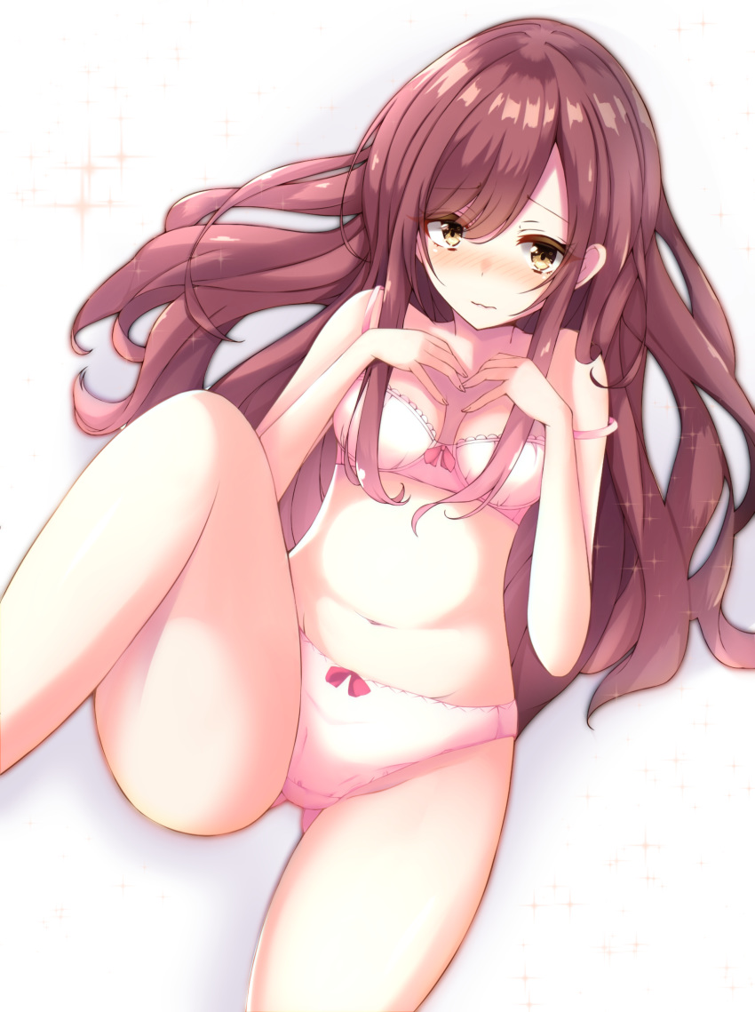 1girl ass_visible_through_thighs bangs bare_legs blush bow bow_bra bow_panties bra breasts brown_hair commentary_request eyebrows_visible_through_hair highres idolmaster idolmaster_shiny_colors leg_up long_hair lying navel on_back oosaki_amana panties pink_bra pink_panties satome_guy simple_background small_breasts sparkle sparkle_background thighs underwear wavy_mouth white_background yellow_eyes