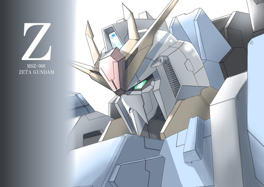 absurdres character_name close-up destiny549-2 glowing glowing_eyes green_eyes gundam highres looking_ahead mecha no_humans solo v-fin white_background zeta_gundam zeta_gundam_(mobile_suit)