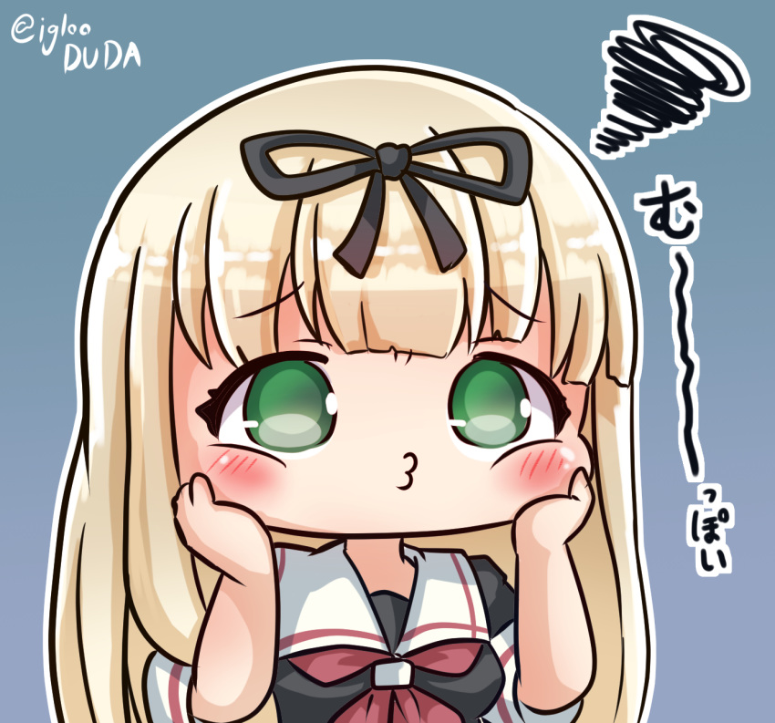 :i :t asimo953 black_ribbon black_serafuku blonde_hair chibi commentary_request green_eyes grey_background hair_ribbon hands_on_own_face highres kantai_collection kantai_collection_(anime) long_hair o3o poi_face ribbon school_uniform serafuku simple_background straight_hair translation_request yuudachi_(kantai_collection)