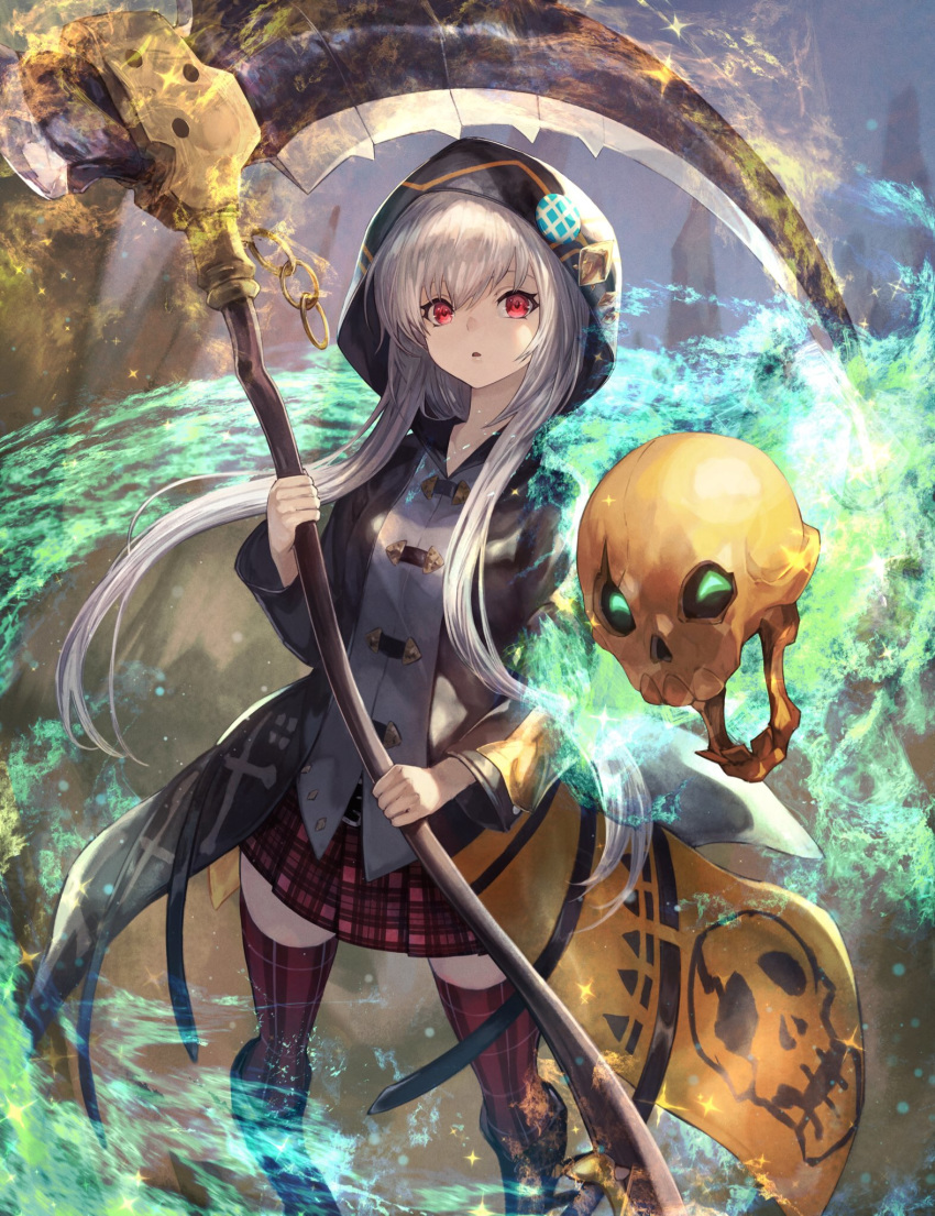 1girl bangs blue_fire character_request fire highres holding holding_weapon hooded_coat long_hair long_sleeves looking_at_viewer othellonia parted_lips pleated_skirt red_eyes red_legwear scythe shirataki_jiro silver_hair skirt skull solo thigh-highs weapon