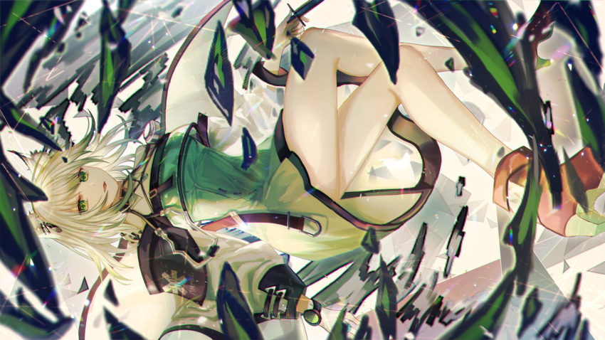 1girl :d animal_ear_fluff animal_ears arknights bangs bare_legs bare_shoulders commentary_request dress green_dress green_eyes highres kal'tsit_(arknights) long_sleeves looking_at_viewer off-shoulder_dress off_shoulder open_mouth ore_lesion_(arknights) originium_arts_(arknights) shoes short_dress short_hair silver_hair smile solo thighs yasato
