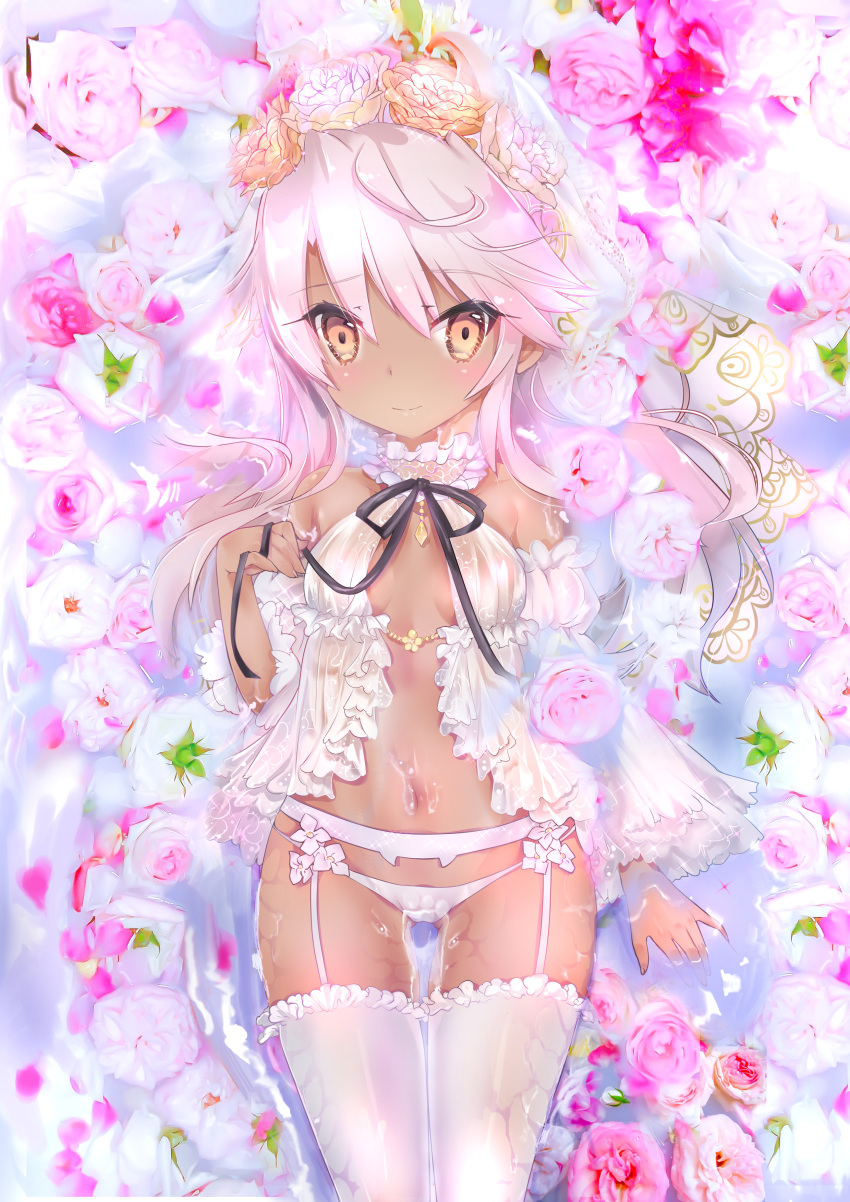 1girl absurdres bangs bare_shoulders blush breasts chloe_von_einzbern closed_eyes dark_skin fate_(series) flower flower_wreath garter_belt head_wreath highres lingerie long_hair looking_at_viewer mezashi_gohan navel orange_eyes panties pink_hair sidelocks small_breasts thigh-highs thighs underwear white_legwear white_panties