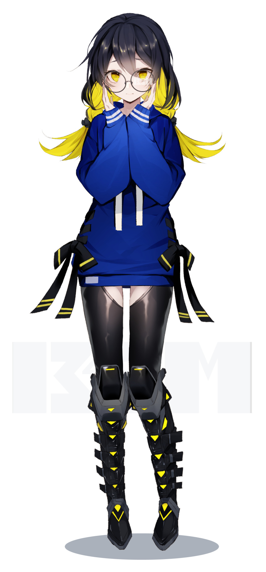 1girl absurdres armored_boots bakaouzi999 black_footwear black_hair black_legwear black_ribbon blonde_hair blue_hoodie boots colored_inner_hair commentary_request frown full_body glasses hair_between_eyes highres long_hair long_sleeves looking_at_viewer low_twintails multicolored_hair original ribbon round_eyewear simple_background solo thigh-highs twintails two-tone_ribbon white_background yellow_eyes yellow_ribbon