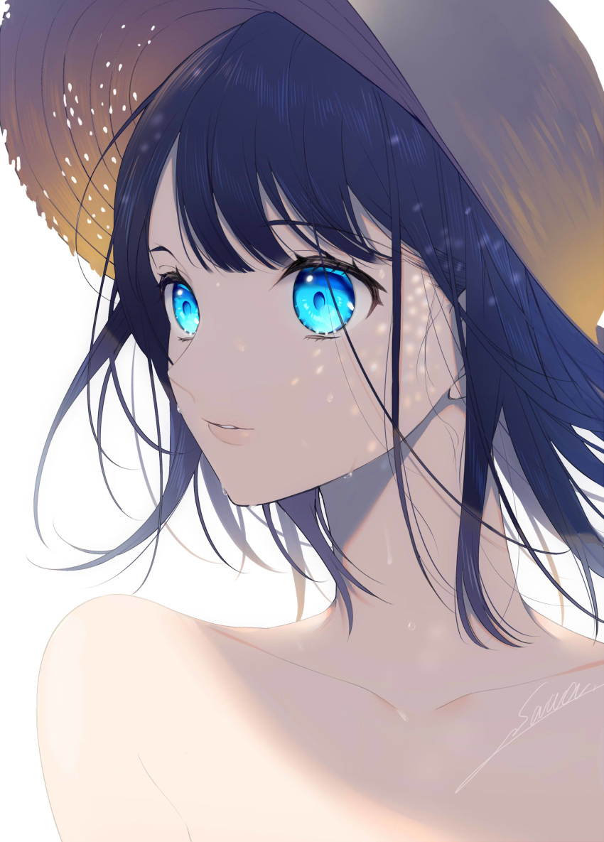 1girl absurdres aqua_eyes artist_name bare_shoulders black_hair collarbone commentary dappled_sunlight expressionless eyebrows_visible_through_hair eyelashes hat highres lips medium_hair original portrait signature simple_background sogawa solo straight_hair straw_hat sunlight sweat white_background