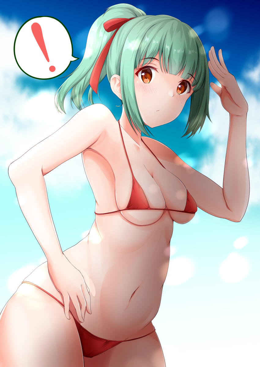 ! 1girl absurdres bikini blue_sky breasts clouds cowboy_shot green_hair hand_on_hip highres kantai_collection leaning_forward long_hair looking_at_viewer medium_breasts orange_eyes ponytail red_bikini sky small_breasts solo spoken_exclamation_mark swimsuit tonbury yuubari_(kantai_collection)