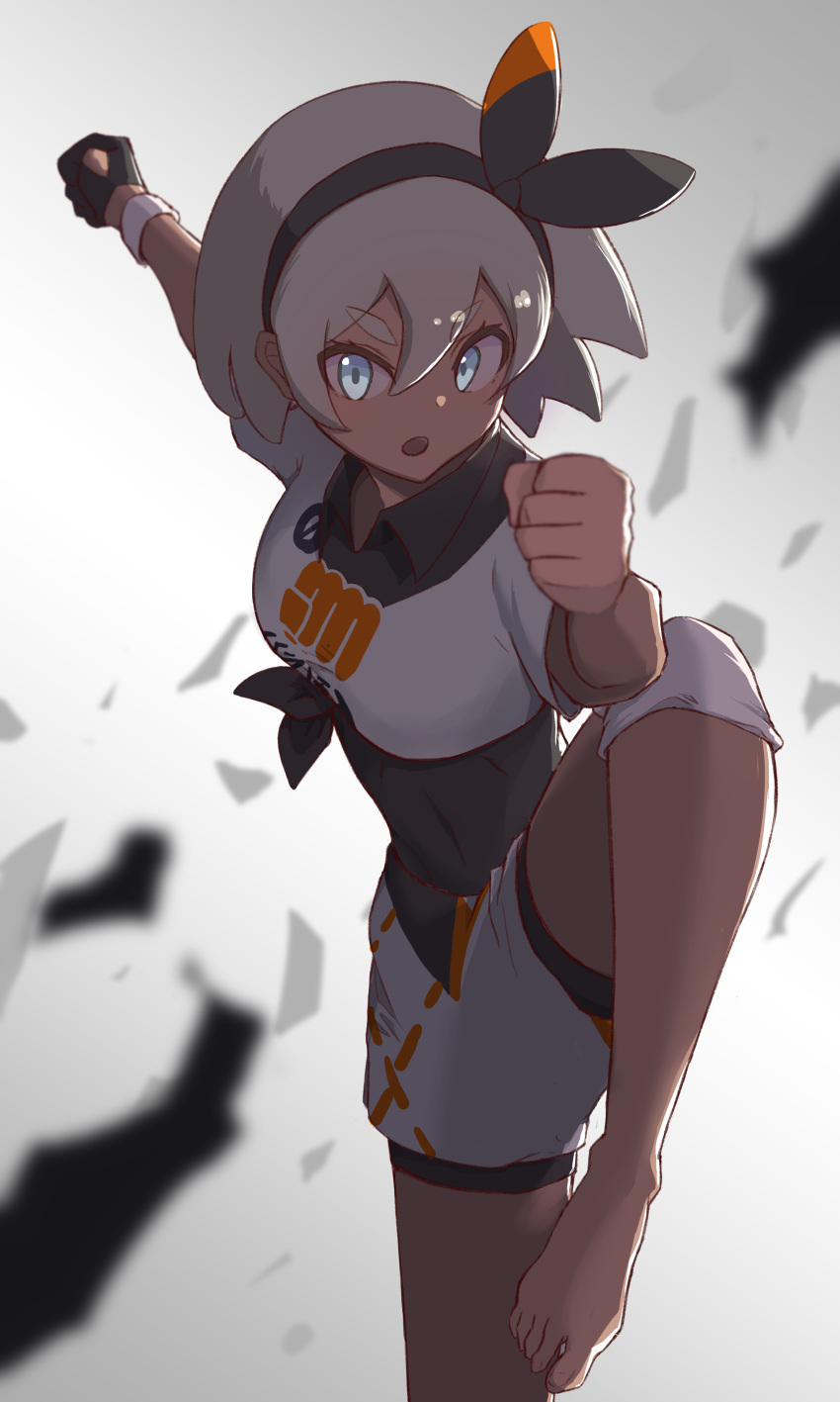 1girl :o absurdres barefoot black_bodysuit black_hairband blue_eyes bodysuit bodysuit_under_clothes bow clenched_hands collared_shirt commentary_request eyebrows_visible_through_hair feet gloves grey_hair gym_leader hair_between_eyes hairband highres knee_pads leg_up looking_at_viewer open_mouth pokemon pokemon_(game) pokemon_swsh print_shirt print_shorts saitou_(pokemon) shirt short_hair short_sleeves shorts single_glove solo tied_shirt toes tomatology3 wristband