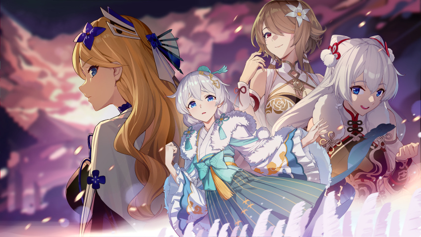 4girls bare_shoulders bianka_durandal_ataegina blonde_hair blue_eyes brown_hair frilled_sleeves frills hair_ornament highres honkai_(series) honkai_impact_3rd kiana_kaslana long_sleeves multiple_girls official_art pleated_skirt red_eyes rita_rossweisse silver_hair skirt theresa_apocalypse