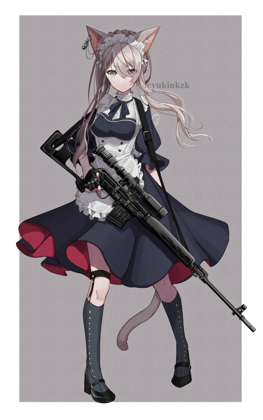 &gt;:( 1girl animal_ear_fluff animal_ears apron bangs black_bow black_dress black_footwear black_gloves bow breasts brown_eyes brown_hair cat_ears cat_girl cat_tail closed_mouth commentary_request dragunov_svd dress ear_piercing eyebrows_visible_through_hair eyes_visible_through_hair fingerless_gloves frilled_apron frills full_body gloves grey_background grey_legwear gun hair_over_one_eye highres holding holding_gun holding_weapon kneehighs light_frown maid mary_janes medium_breasts mole mole_under_eye nekozuki_yuki original piercing pleated_skirt puffy_short_sleeves puffy_sleeves rifle shoes short_sleeves skirt sniper_rifle sniper_scope solo standing tail twitter_username two-tone_background v-shaped_eyebrows weapon white_apron white_background